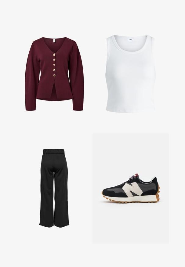Burgundski kardigan z dolgimi rokavi, V-izrezom in petimi okrasnimi gumbi z zlatim odtenkom spredaj. Mehka, pletena tkanina s ravnim krojem.; Bela rebrasta majica brez rokavov z okroglim izrezom in krajšo dolžino. Oznaka navaja "JJXX." Gladka tekstura tkanine.; Črne hlače širokega kroja z elastičnim pasom, izdelane iz gladkega materiala. Imajo preprost dizajn brez žepov ali vidnih šivov.; Črne in sive semiš športne copate z velikim kremnim logotipom "N", vijoličastimi vezalkami in teksturiranim gumijastim podplatom.