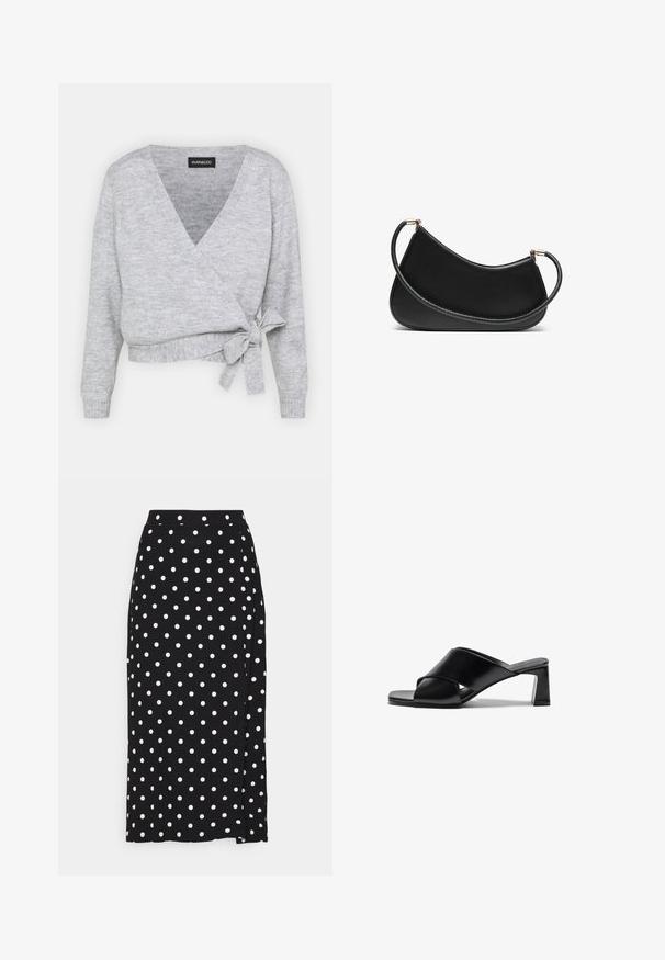Grå innestrumpa med v-ringning, lång ärm och justerbart band i midjan. Tillverkad av mjukt stickat material med en subtil textur.; Två bomulls-bh:ar: en i ljusbeige och en annan i svart, med tunna band och design med V-ringning. Etiketter synliga inuti.; Svart kjol med vita prickar, tillverkad av mjukt tyg. Har en rak skärning och en slits i botten för ökad rörelsefrihet.; Svarta läderklackar med korsband, fyrkantig tå och klack i blockmodell. Slät textur med minimal detaljering.; Svart läder axelväska med en böjd design, utrustad med ett texturerat band och detaljer i guldton vid den övre stängningen. Slät yta.