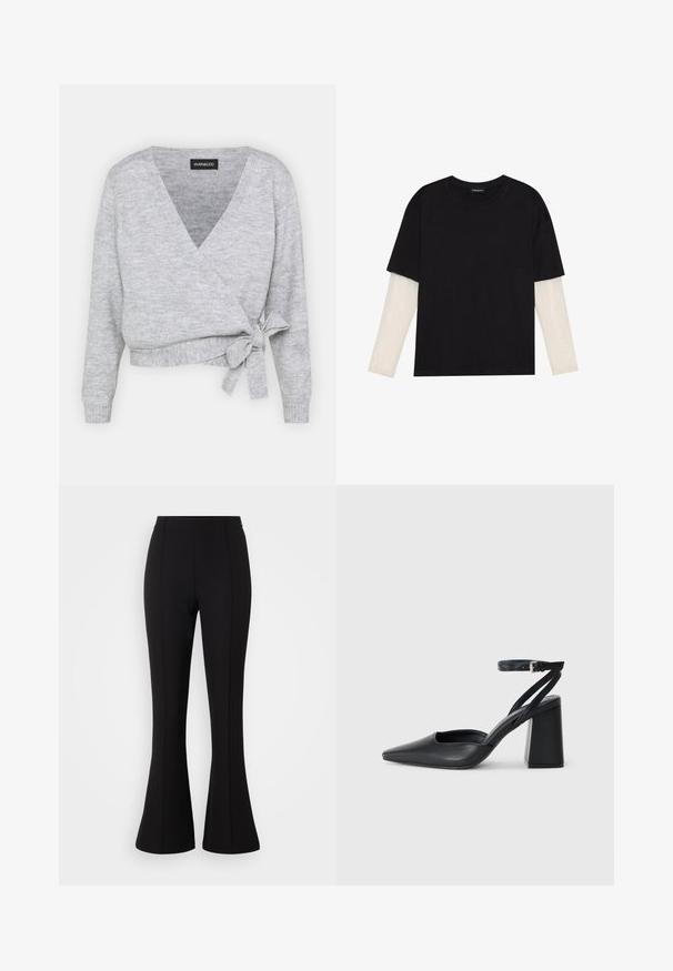 Pelēku svītru džemperis ar V veida kakla izgriezumu, garām piedurknēm un regulējamu saišu jostu viduklī. Izgatavots no mīksta pinuma materiāla ar vieglu tekstūru.; Melna kokvilnas T-kreklu ar īsām piedurknēm, virs baltas garām piedurknēm ar smalku teksturētu rakstu. Apaļas kakla izgriezuma dizains.; Melni plati bikses, izgatavotas no elastīga auduma, ar gludu virsmu, augsto jostasvietu un šuvju detaļām pa priekšpusi.; Melna ādas augstpapēžu kurpe ar norakstīto purngala formu, potītes siksniņu un masīlu papēdi. Gluda tekstūra, elegants dizains un minimālisma estētika.