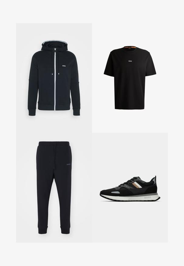 Črna zip-up kapuca iz mehkega materiala, s sprednjim zadrgo, stranskimi žepi in logotipom na prsih. Vključuje nastavljive vrvice.; Črna bombažna majica s krožnim izrezom, kratkimi rokavi in belim logotipom "BOSS" na sredini prsnega dela. Gladka tekstura, sproščen kroj.; Črne trenirke iz mehkega materiala z elastičnim pasom, vrvico in zoženimi nogami. Imajo majhen logotip na strani.; Črne tekaške čevlje z teksturirano površino, svetlo sivi poudarki in tremi vodoravnimi črtami v rjavi barvi. Imajo belo oblazinjeno podplat.