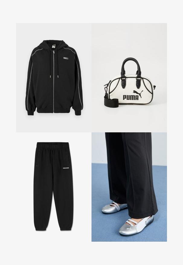 Černá mikina na zip s kapucí a tkaničkami, bílé kontrastní švy na rukávech a malé logo "Rosie" na hrudi.; Šedé bavlněné tričko s krátkým rukávem, vybavené kulatým výstřihem a malým bílým logem "PEGADOR" na přední straně. Hladká textura, volný střih.; Černé tepláky vyrobené z měkké tkaniny, s elastickým páskem na stažení, zúženými nohavicemi a bočními kapsami. Bílé logo „PEGADOR“ na přední straně.; Stříbrné a bílé ploché boty s křížovými pásky a texturovaným detailem, doplněné volnými černými kalhotami. Umístěno na modré podlaze.; Bílá kabelka s černými akcenty, se znakem Puma. Krátké, zaoblené uši a odnímatelný popruh, vyrobená z texturovaného syntetického materiálu.