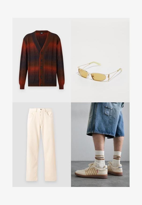 Buttoned cable-knit cardigan with long sleeves, featuring a gradient pattern in dark brown, black, and deep red tones.; Gray cotton t-shirt featuring a small orange fox head embroidery above the left chest. Crew neck, short sleeves, and a classic fit.; Light beige denim jeans with a straight-leg design, five pockets, and a front button closure. Stitching visible along seams.; Beige retro sneakers with brown rubber sole, featuring striped accents and embroidered logos. Worn with white socks, striped brown detail.; Yellow-tinted sunglasses with a translucent gold frame, slim rectangular shape, and angular arms with light green accents.