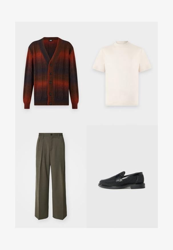 Nööpidega soonikuga kardigan pikkade varrukatega, millel on gradient-muster tumedates pruunides, mustades ja tumepunastes toonides.; Kreem värvi lühikeste käistega T-särk kõrge kaelusega, valmistatud pehmest puuvillast. Nüüd on sellel rinnal delikaatne reljeefne logo.; Filippa K WIDE TROUSERS - Püksid - driftwood; Must musta kootud slip-on king, millel on pehme nahast accent ülaserval, ümmargune varvas ja madal profiiliga kummitald.
