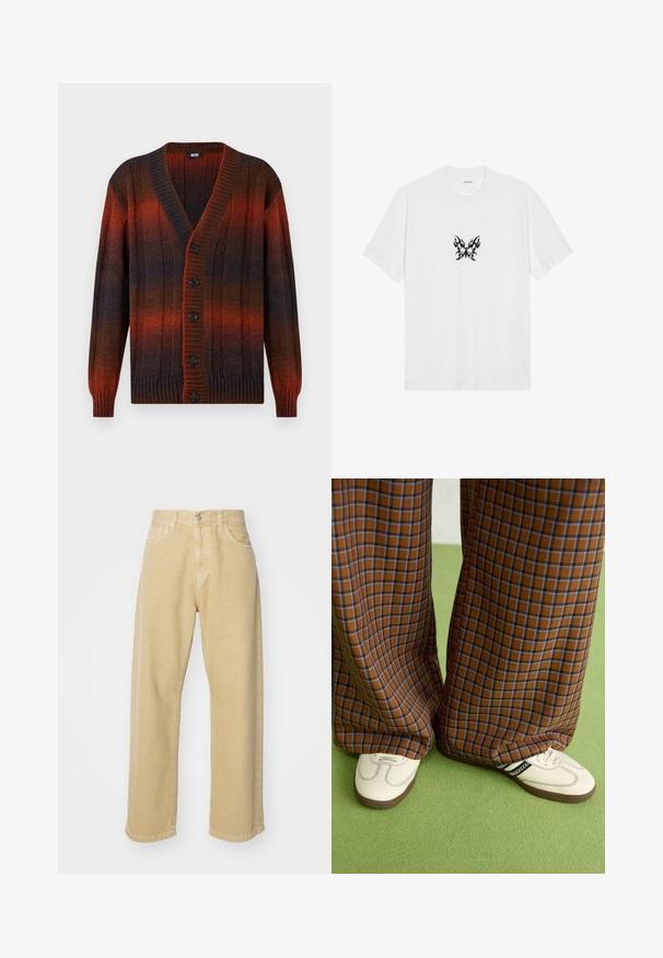 Cárdigan de punto de cable con botones y mangas largas, que presenta un patrón en degradé en tonos marrón oscuro, negro y rojo intenso.; Camiseta de algodón blanca con mangas cortas y cuello redondo. Presenta un gráfico central de mariposa con un patrón de llamas negras. Textura suave.; Pantalones de mezclilla beige con un diseño de pierna recta, que cuenta con cinco bolsillos, un cierre de botón y un acabado de dobladillo limpio. Textura suave.; Pantalones de pata de elefante de cuadros marrones y azules combinados con zapatos blancos con detalles en negro y suelas texturizadas, sobre un fondo verde.