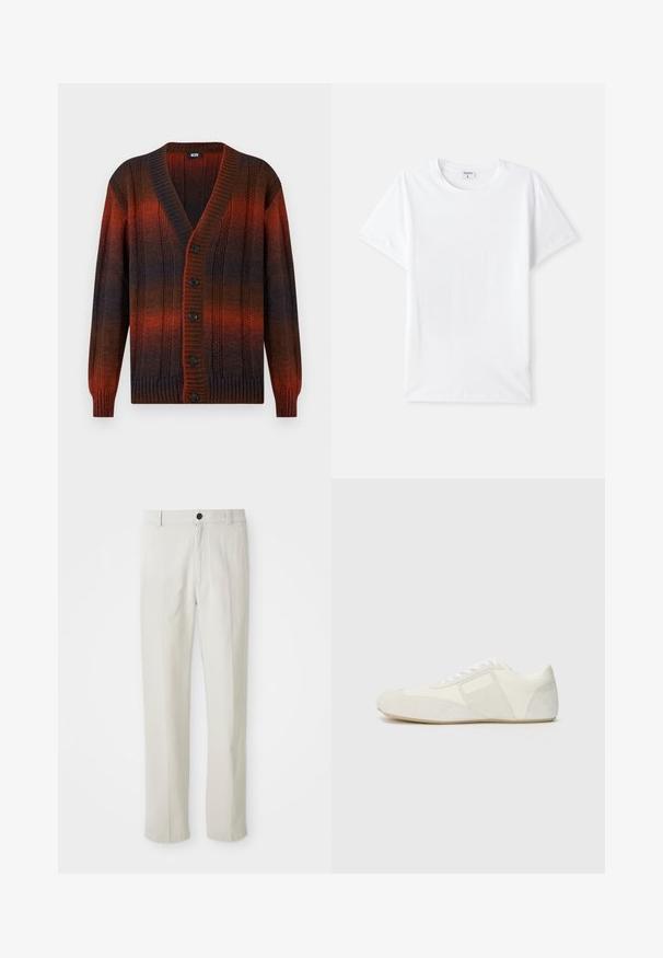 Mygtukinė megztinė su pynėmis ir ilgomis rankovėmis, pasižyminti tamsiai rudos, juodos ir giliai raudonos spalvos gradientiniu raštu.; Balta medvilninė marškinėlių, apvalia iškirpte, trumpomis rankovėmis, lygia tekstūra, be raštų ar akcentų, paprastas dizainas, standartinio kirpimo.; Bežiniai tiesūs keliai su diržo kilpomis, priekiniais mygtukais ir užtrauktuku, išdėstyti ant balto fono.; Balti sportiniai bateliai su glotnia konstrukcija, turintys zomšinį nosinėjimą, odines plokšteles ir kontrastingus tekstūrinius akcentus. Lygus gumos padas.