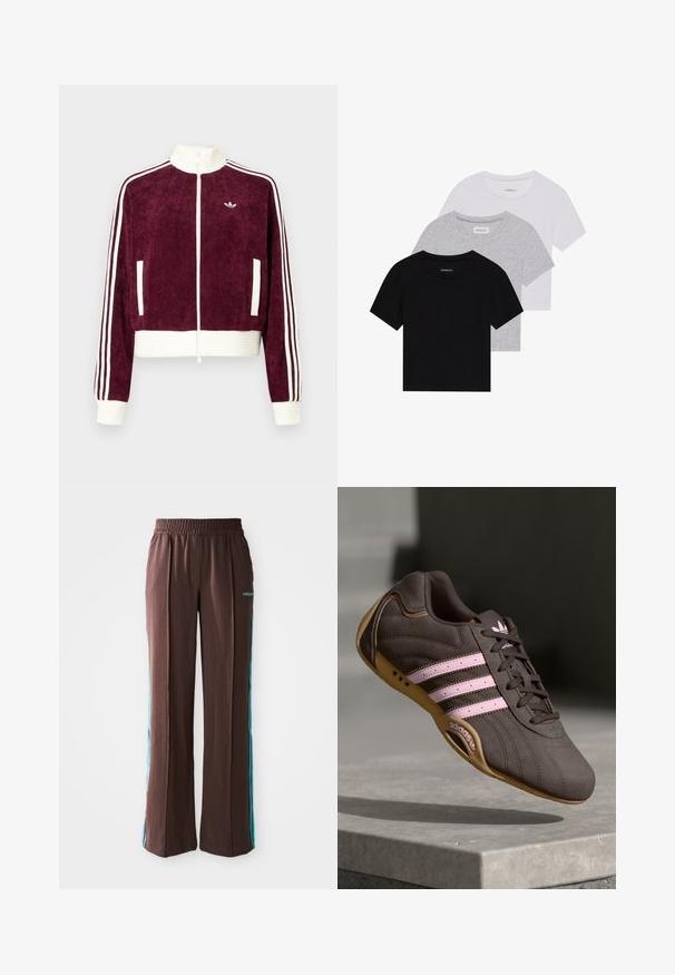 Bordo korčagini skraćena jakna s bijelim rebrastim pojasom, visokim ovratnikom, punim patentnim zatvaračem i bijelim trakama s tri pruge na rukavima.; Set od tri majice kratkih rukava u crnoj, sivoj i bijeloj boji. Izrađene od pamuka, s okruglim izrezom i jednostavnim, jednobojnim dizajnom.; Smeđe atletske hlače s rebrastom teksturom, elastičnim pojasom i tirkiznim bočnim trakama. Na prednjem dijelu nalazi se adidas logo.; Smeđi suedeski atletski tenisice s ružičastim prugama i logotipom, s teksturiranim gornjim dijelom, vezanjem na vezice i gumiranim potplatom.