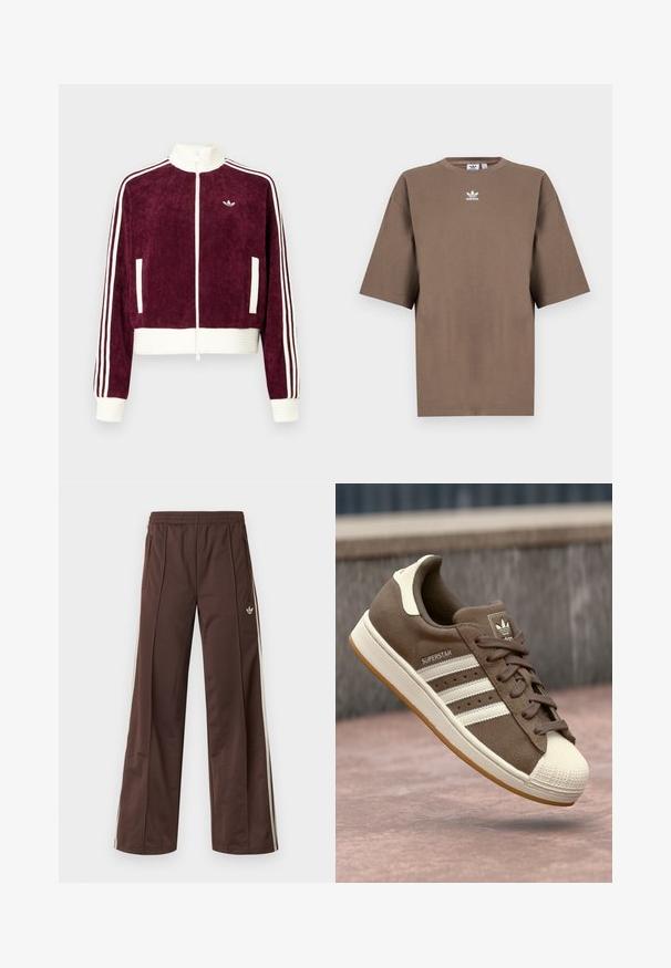 Burgundijas krāsas korduroja īsā jaka ar baltu ribotu jostu, augstu apkakli, pilnu rāvējslēdzēju un baltām trīs svītrām uz piedurknēm.; Brūna kokvilnas T-krekls īsām piedurknēm, apaļa kakla izgriezums, ar baltu Adidas logo centrā krūtīs, ar vienkāršu dizainu un brīvu piegriezumu.; Brūnas sporta bikses ar platu kāju dizainu, baltām sānu svītrām, elastīgu jostasvietu un divām sānu kabatām. Uz kājas ir mazs logotips.; Brūni zamšādas sporta apavi ar baltām svītrām, krēmkrāsas akcentiem un gumijas purngalu. Piedāvā saistīšanas dizainu un teksturētu gumijas zoli.