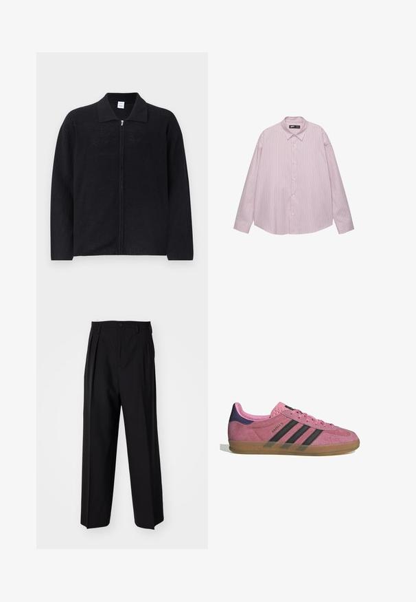 Won Hundred MAZAR - Kofta - black; Ljust rosa skjorta med knappar, vertikala blå ränder, krage, långa ärmar och en lös passform. Tillverkad av ett glatt tyg med en lätt glans.; Svarta plisserade byxor med en rak, bred bendesign. Tillverkade av ett slätt tyg, med knäppning fram och bälteshällor.; Rosa mockasnöre med svarta ränder, gummsula och texturerad lila häl. Har en snörningsdesign och prägling på sidan.