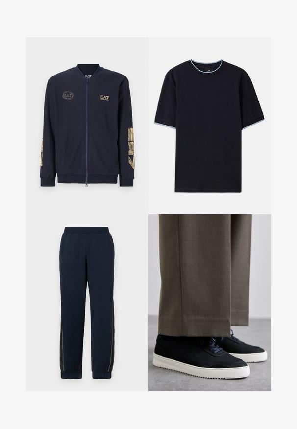 Jaqueta azul-marinho com fecho éclair em tecido texturizado. Apresenta o logo dourado da EA7 e um design gráfico nas mangas. Inclui bolsos laterais e punhos canelados.; Camiseta de manga curta azul-escura com decote redondo, apresentando um detalhe azul-claro na gola e nas mangas. Feita de um tecido de algodão macio.; Calças de moletão azul-marinho com uma textura suave, punhos estreitos e painéis laterais em malha. Cintura elástica para conforto e ajuste casual.; Sapatilhas de camurça pretas com solas de borracha brancas, apresentando um bico arredondado e atacadores, usadas com calças cinzas ajustadas.