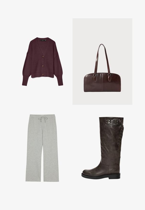 Burgundy knitted cardigan with a V-neck, long sleeves, five large brown buttons, and ribbed hem. Waffle texture throughout the fabric.; Brown halter top with a deep V-neck and gathered fabric at the bust, paired with loose, light gray cargo pants featuring adjustable waist ties.; Light gray sweatpants made of soft, textured fabric with a drawstring waistband and side pockets; wide, relaxed fit.; Brown leather knee-high boot with a textured finish, featuring a buckle and snap accents on the side, and a flat rubber sole.; Brown leather handbag with two long handles, a structured rectangular shape, smooth texture, and rounded edges. Features accent details at the handles.