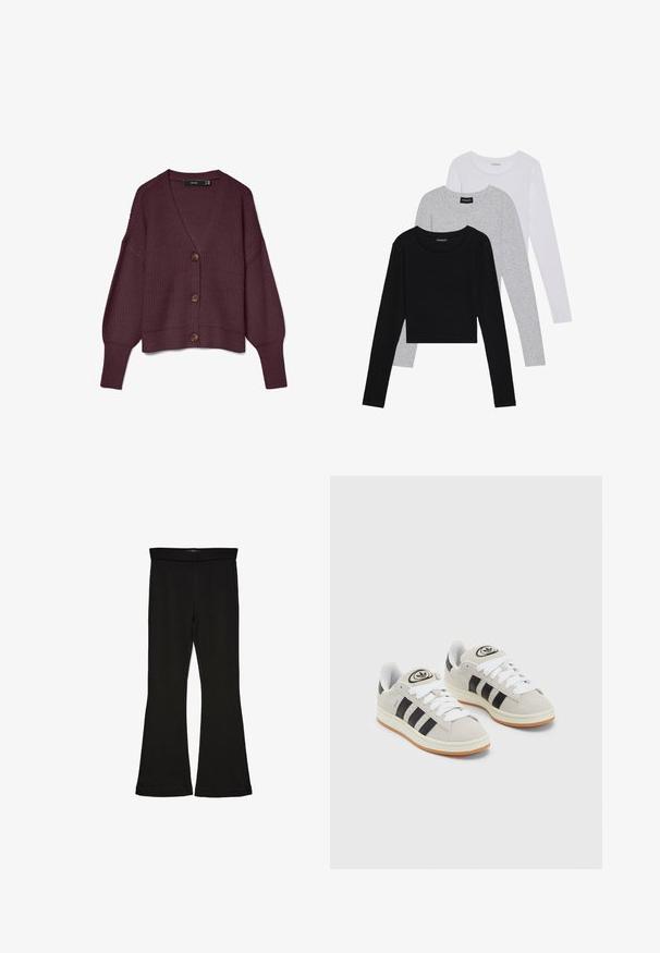 Cardigan tricotat burgund cu decolteu în V, mâneci lungi, cinci butoane mari maro și tiv cu nervuri. Textură de tip waffle pe întreaga țesătură.; Trei bluze cu mânecă lungă așezate: neagră, gri și albă. Fiecare are un guler rotund și un design scurt, realizat dintr-un material fin și ușor.; Leggings negre cu tiv evazat, realizate dintr-un material elastic. Au o talie largă și o textură fină, cu o siluetă ajustată care se lărgește la tiv.; Adidași din suede gri cu șireți albi, dungi negre și talpă din cauciuc alb. Prezintă un logo circular pe limbă și o talpă din cauciuc.