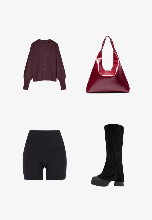 Cardigan lavorato a maglia borgogna con scollo a V, maniche lunghe, cinque grandi bottoni marroni e orlo a coste. Tessuto a nido d'ape su tutta la stoffa.; T-shirt bianca in cotone con scollo rotondo, maniche corte e logo Nike nero stampato al centro del petto. Design semplice e classico.; Shorts neri a vita alta realizzati in tessuto elasticizzato. Presentano una cintura elastica, una texture liscia e una lunghezza fino a metà coscia con un design senza cuciture.; Stivale nero al ginocchio realizzato in tessuto a coste, con suola piatta chunky e tacco a blocco, caratterizzato da una texture liscia e da un design elegante e moderno.; Borsa a mano in pelle lucida rossa con forma triangolare, ampia apertura superiore e un manico curvo singolo. Texture liscia con dettagli di cucitura minimi.