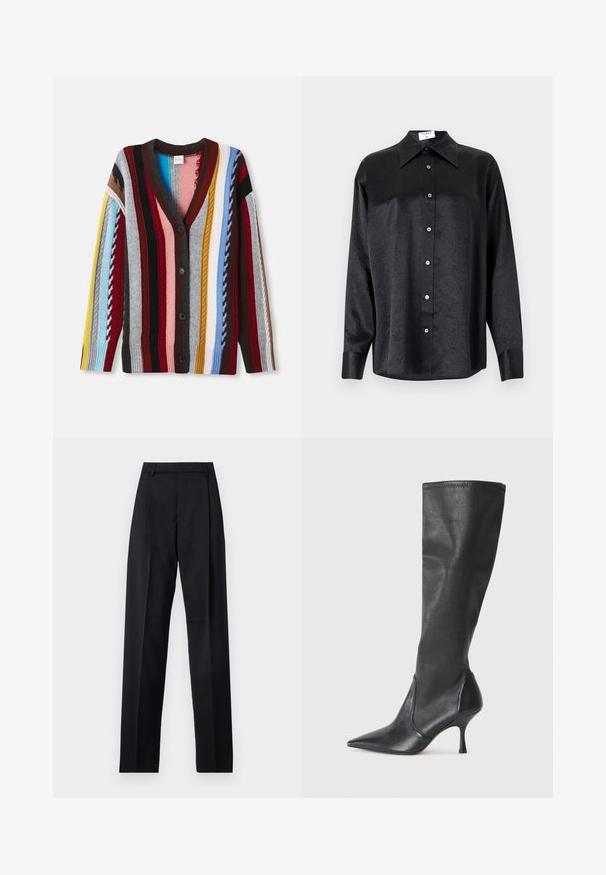 Pletene kardigan s V-izrezom, večbarvnimi prugami v rdeči, modri, rumeni in sivi barvi, s petimi gumbi in rebrastimi manšetami.; Črna srajca z dolgimi rokavi in ovratnikom, ki ima gubasto teksturo, celotno zapenjanje na gumb in manšete. Izdelana iz gladkega materiala.; Črne hlače iz gladkega materiala, ki imajo visok pas, široke noge, sprednje nabore in klasične zanke za pas. Nevidni stranski žepi.; Črne usnjene škornje do kolen s koničastim nosom in ozkim stiletto peto. Gladka tekstura z oblikovanim dizajnom in šivi na zgornjem robu.