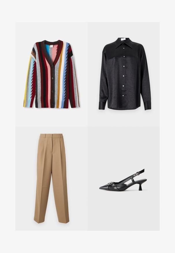 Cardigan lavorato a maglia con scollatura a V, strisce multicolori in rosso, blu, giallo e grigio, con cinque bottoni e polsini a costine.; Camicia nera a maniche lunghe con colletto, caratterizzata da una texture stropicciata, chiusura frontale con bottoni e polsini. Realizzata in un tessuto morbido.; Pantaloni beige su misura con vita alta, fronte plissettato e taglio a gamba larga. Il tessuto appare morbido con una leggera lucentezza.; Scarpa slingback nera in pelle con punta affusolata, cinturini decorativi con occhielli metallici e tacco basso a blocco. Superficie testurizzata.