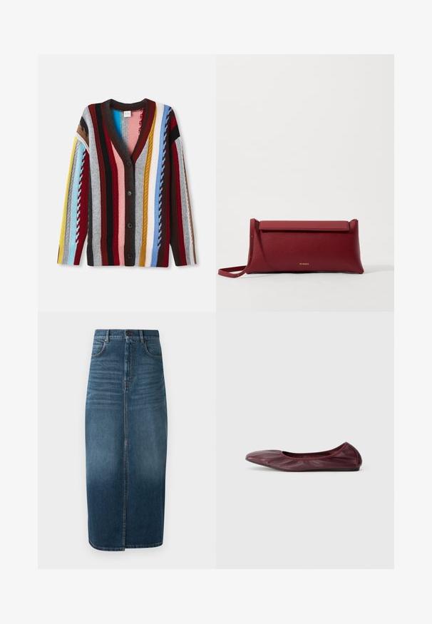 Kootud kardigan V-kaelusega, mitmevärviliste triipudega punases, sinises, kollases ja hallis, viie nööbiga ja ribakudumiga mansettidega.; Valge lühikeste varrukatega pluus, millel on sinine lilleline tikand, ümar kaelus ja keerukad mustrid esi- ja varrukatel.; Tumedast indigo denim midi seelik, millel on ees jagu ja kerge pleekimine. Klassikaline viie taskuga disain koos metallist nööbi sulgemisega.; Sügisene burgundi puhkepaar nahast ballett, millel on ümar nina, elastne serv ja sile tekstuur koos peene plekkimise detailiga.; Punane nahkne käekott tekstuuriga viimistlusega, millel on lame voltimisosa ja lühike rihm. Pehme brändi logo ees.