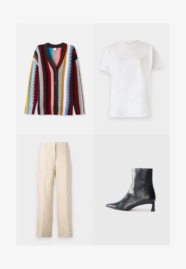 Cardigan lavorato a maglia con scollatura a V, strisce multicolori in rosso, blu, giallo e grigio, con cinque bottoni e polsini a costine.; Maglietta bianca in cotone con maniche corte e scollatura a girocollo, caratterizzata dalla parola "INTROSPEZIONE" in carattere azzurro chiaro sul petto.; Pantaloni di lino beige con una vestibilità ampia, fronte plissettato e gambe dritte. Presentano una vita con passanti per cintura e senza tasche visibili.; Stivaletto in pelle nera con punta affusolata e design elegante. Presenta un tacco basso e una chiusura con zip sul retro. Texture liscia.