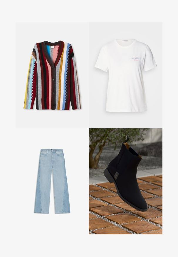 Strickjacke mit V-Ausschnitt, mehrfarbigen Streifen in Rot, Blau, Gelb und Grau, mit fünf Knöpfen und gerippten Bündchen.; Weißes Baumwoll-T-Shirt mit kurzen Ärmeln, rundem Halsausschnitt und pink/blauem Grafikdruck mit der Aufschrift "Gant Sports Club 1949" auf der Brust.; Helleblaue, weit geschnittene Jeans mit einem zweifarbigen Design, das eine leicht verblasste Textur und einen rohen Saum an den Beinen aufweist.; Schwarze Leder-Stiefelette mit glatter Oberfläche, gelb gefüttertem Innenbereich und einer Zuglasche; vor einer strukturierten Holz- und Kiesfläche.