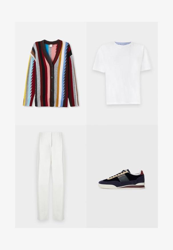 Austis džemperis ar V veida kaklu, daudzkrāsainām svītrām sarkanā, zilā, dzeltenā un pelēkā krāsā, ar piecām pogām un ribotām piedurknēm.; Balts kokvilnas T-krekls ar apaļu kaklu. Ar īsām piedurknēm un zila svītru detaļu iekšējā kakla izgriezumā. Mīksta tekstūra, regulāra piegriezums.; Paul Smith Auduma bikses - white; Jūras spēku zilo zamšādas sporta apavi ar bēšiem un tumši ziliem akcentiem. Aprīkoti ar baltu gumijas zoli un zelta logotipu sānos. Klasiska sporta dizaina.