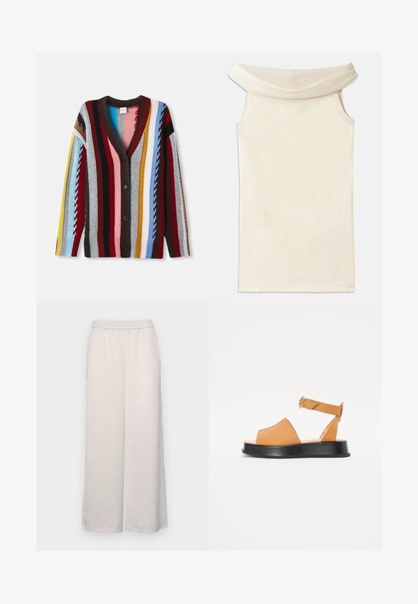 Cardigan en tricot avec un col en V, rayures multicolores rouge, bleu, jaune et gris, avec cinq boutons et des poignets côtelés.; Robe beige dénudée des épaules en tissu lisse, avec un large col et sans manches, présentant une coupe droite et un ourlet net.; Pantalons amples beige clair avec une taille élastique. Tissu lisse, longueur pleine, sans embellissements ni motifs visibles.; Sandale en cuir tan avec un large devant, bout ouvert, sangle ajustable et une semelle épaisse noire. Texture lisse et design minimal.