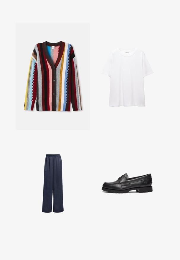 Cardigan lavorato a maglia con scollatura a V, strisce multicolori in rosso, blu, giallo e grigio, con cinque bottoni e polsini a costine.; T-shirt bianco semplice realizzato in cotone, con scollatura rotonda, maniche corte e vestibilità morbida. Texture liscia senza motivi o accenti.; Pantaloni a gamba larga navy realizzati in tessuto morbido con vita elastica e senza hardware visibile. Presentano una vestibilità rilassata e un design a lunghezza intera.; Timberland Scarpe senza lacci - black