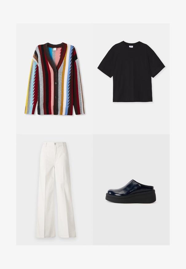 Cardigã de malha com decote em V, riscas multicoloridas em vermelho, azul, amarelo e cinza, com cinco botões e punhos canelados.; T-shirt preta de manga curta feita de algodão. Apresenta um ajustamento descontraído, decote redondo, e não possui padrões ou adornos visíveis.; Calças largas brancas feitas de algodão com uma textura suave. Apresenta um botão frontal, fecho de correr e um design de quatro bolsos.; Tamanco de couro verniz azul-marinho com um acabamento liso, apresentando uma sola grossa preta e costuras visíveis ao longo da base.