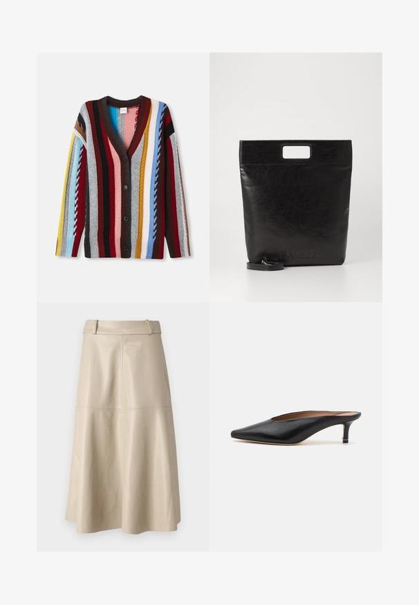 Knit cardigan featuring a V-neck, multi-colored stripes in red, blue, yellow, and gray, with five buttons and ribbed cuffs.; Black tank top with thin spaghetti straps, made of a ribbed fabric, featuring a straight cut and a label at the neckline reading "IVY OAK."; Beige leather midi skirt with a smooth texture, wide waistband, and flared hem; features stitched seams for added detail.; Black leather mules with a pointed toe and low, block heel. Smooth texture with a sleek design. Open back with minimal detailing.; Black leather tote bag with a square handle, featuring a textured finish and embossed logo. Includes a detachable strap.