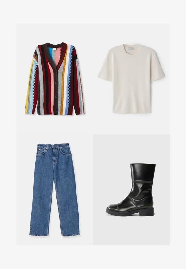 Strikket cardigan med V-hals, flerfarvede striber i rød, blå, gul og grå, med fem knapper og ribbede manchetter.; Cremefarvet T-shirt med korte ærmer og rund halsudskæring, lavet af blødt materiale, med lige snit og minimal detaljering.; Blå denimjeans med vid benudskæring, klassisk design med fem lommer og metalhardware-detaljer. Let slitage på stoffet er til stede.; Sort læder ankelstøvle med rund tå, glat overflade, kontrastsyning og blokhæl, der har en let afsmalnet silhuet.