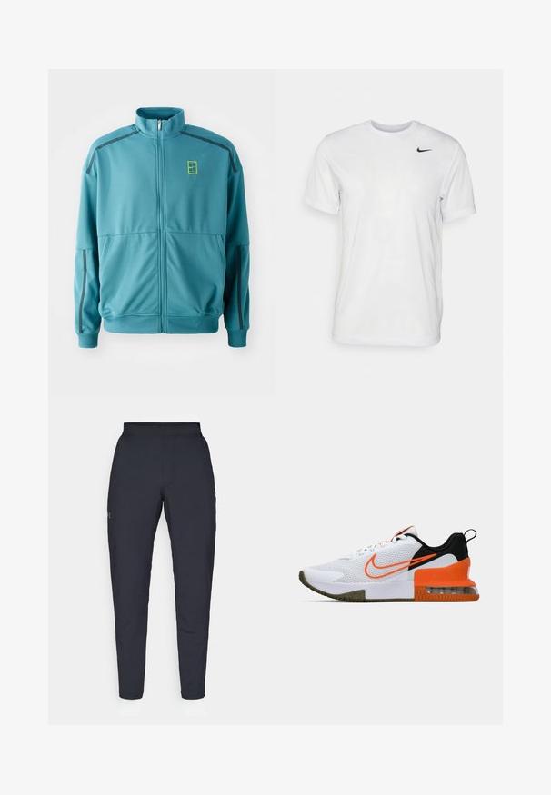 Casaco bege com fecho, colarinho alto, bolsos laterais e riscas pretas nos ombros. Apresenta um logótipo amarelo no peito.; T-shirt branca de mangas curtas feita de tecido suave. Apresenta um decote redondo e um pequeno logótipo da Nike em preto no lado esquerdo do peito.; Calças de desporto negras com uma textura suave, corte justo, cintura elástica e bolsos laterais. Apresenta um pequeno logótipo na coxa esquerda.; Shoe desportivo branco com um upper de malha texturizada, detalhes em preto e laranja, uma sola de borracha grossa e uma seção de amortecimento de ar transparente no calcanhar.