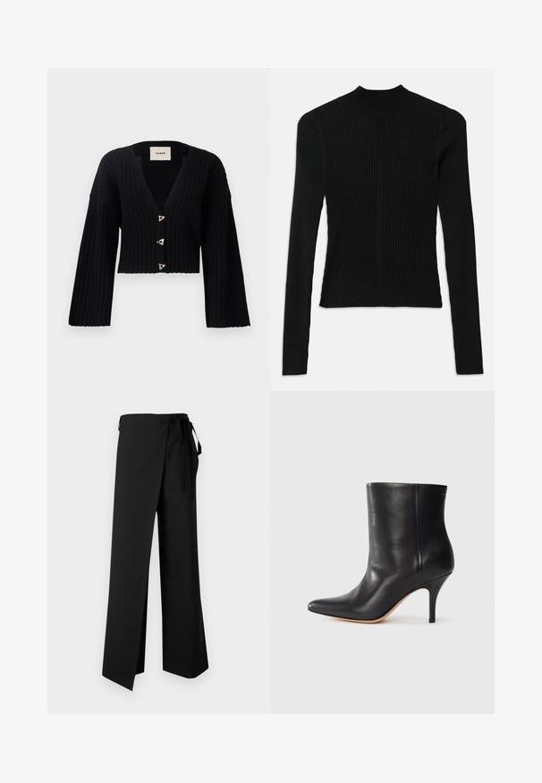AERON MORROW - Kardigan - black; Must mustriline niiskus, millel on kõrge kaelus ja tihe siluett, vertikaalse tekstuuri ja õmblusdetailidega õlgadel.; Mustad laia säärega püksid, millel on vöökohal pael, sile tekstuur ja ees lõhik, kujundatud mugavuse ja liikumisvabaduse tagamiseks.; Must musta jalatsid terava ninaga, õhukese stiletto kontsaga ja siledast nahast. Minimalistlik disain ilma nähtava riistvarata või aksessuaarideta.