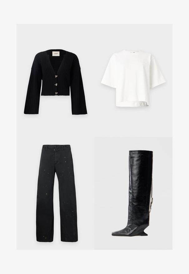 AERON MORROW - Kardigan - black; Valge lühikeste varrukatega cropped t-särk, mis on valmistatud pehmest kangast ning mille vasakus rinnapiirkonnas on vaevumärgatav reljeefne brändilogo.; MM6 Maison Margiela PANTS - Avar lõikega teksad - black; Põlveni ulatuv must nahast saabas terava nina, unikaalse kiilkontsa ja külgmise kettaktsendiga. Sile tekstuur läikiva viimistlusega.