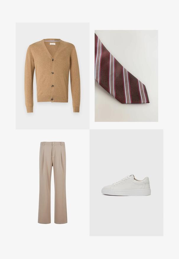 Brun cardigan lavet af et blødt materiale, med V-hals, knaplukning, lange ærmer og ribbede manchetter og kant.; Hvid bomulds skjorte med knaplukning, klassisk krave, lange ærmer og et lille broderet logo på venstre bryst.; Beige plisserede bukser lavet af glat stof med lige ben-design, der har en knaplukning og subtile syninger.; Hvide læder sneakers med lav skæft, rund tå, flad hvid gummisål og minimalistisk sømdetalje. Snørebånd sikret gennem seks snørrehuller.; Next STRIPE - Slips - red