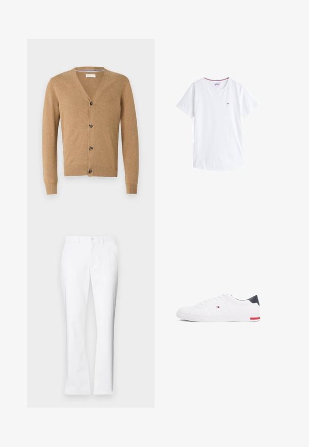 Cardigan beige realizzato in un materiale morbido, con scollatura a V, chiusura a bottoni, maniche lunghe e polsini e orlo a costine.; T-shirt bianco in cotone con collo rotondo, maniche corte e un piccolo logo ricamato sul petto sinistro. Presenta un bordo colorato a contrasto sul collo.; Pantaloni di cotone bianchi con un design a gamba dritta, tasche frontali, chiusura con un bottone e una texture liscia.; Sneakers bianchi a punta bassa realizzati in pelle liscia. Presentano una tomaia blu navy sul tallone e un accento rosso sulla suola. Sei occhielli per i lacci.