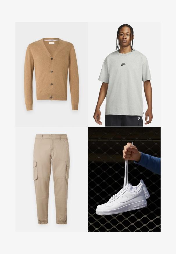 Beige Cardigan aus weichem Material, mit V-Ausschnitt, Knopfschluss, langen Ärmeln und gerippten Bündchen und Saum.; Junge Person mit geflochtenem Haar, die ein hellgraues Nike-T-Shirt und schwarze Nike-Shorts trägt, vor einem einfarbigen weißen Hintergrund.; Beige Cargo-Hosen aus leichtem Baumwollmaterial. Mit elastischen Bündchen, mehreren Seitentaschen und einem Knopfverschluss.; Weiße Leder-Sneaker mit Perforationen, runder Zehenpartie, flacher Sohle und dicken Schnürsenkeln, mit sichtbar eingesticktem Swoosh-Logo und "AIR" an der Ferse.