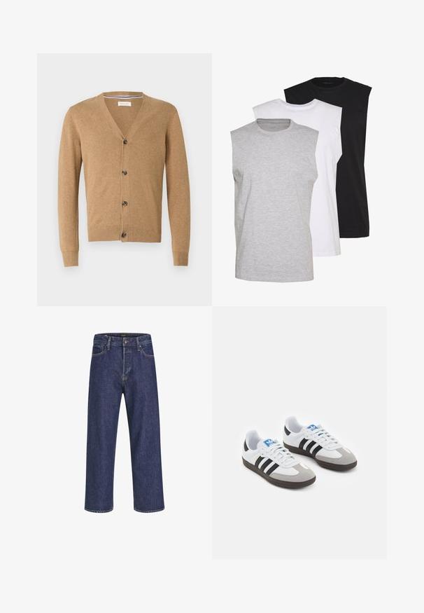 Vaaleanruskea neuletakki, joka on valmistettu pehmeästä materiaalista, jossa on V-pääntie, nappisuljenta, pitkät hihat sekä ribbaatut hihansuut ja helma.; Kolme ilmanhihaista t-paitaa harmaana, valkoisena ja mustana. Pehmeä puuvillakangas, pyöreä pääntie ja rento malli. Yksinkertainen muotoilu, ei kuvioita.; Tummansiniset farkut suoran leikkauksen, viidellä taskulla, metallinappikiinnityksellä ja erottuvan ompeleen kanssa, joissa on hienovarainen tekstuuri.; Urheilukengät, joissa on valkoinen nahkainen päällinen, harmaa mokkanokka ja kolme mustaa raitaa. Ominaisuuksina sininen logo kielekkeessä ja kuvioitu kumipohja.