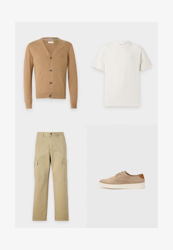 Žemas kardiganas, pagamintas iš minkštos medžiagos, su V formos iškirpte, mygtukų užtrauktuku, ilgomis rankovėmis ir lankstomais manžetais bei apatiniu kraštu.; Balta trumpa rankovė T-polo marškinėlių su juostelėmis tekstūra. Apvalus iškirpimas, laisvas fasonas, jokių matomų raštų ar akcentų. Paprastas ir universalus dizainas.; Kreminės spalvos cargos kelnės, pagamintos iš medvilnės, su dviem šoninėmis kišenėmis, mygtukų užsegimu ir tiesiomis kojomis, šiek tiek tekstūruotu audiniu.; Bežiniai zomšiniai sportbačiai su apvaliomis pirštų dalimis, raišteliais priekyje ir tekstūruotu užkulniu. Balta guma suteikia kontrastą. Paprastas ir modernus dizainas.