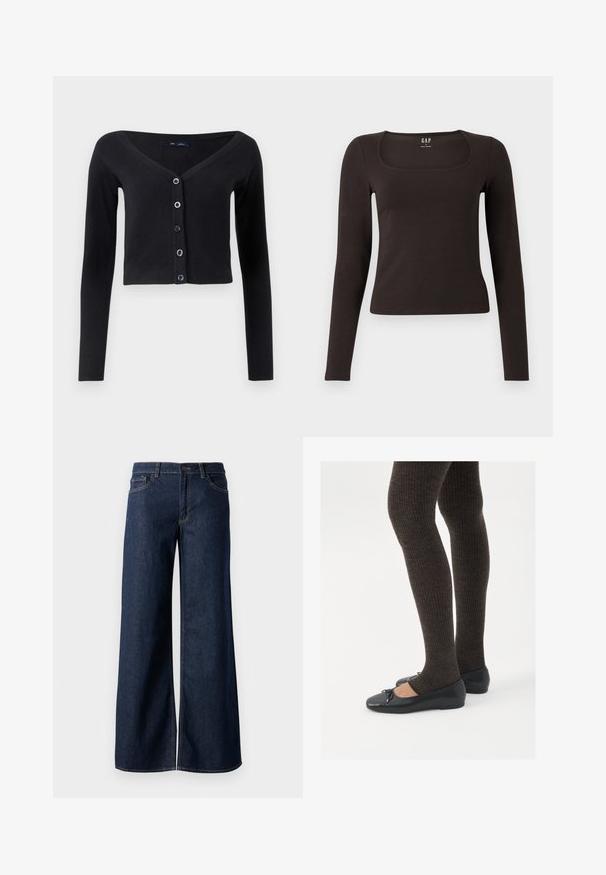 Čierny skrátený cardigan z mäkkého pleteného materiálu s dlhými rukávmi, výstrihom do V a šiestimi gombíkmi s modrými gombíkmi.; Čierny priliehavý top s dlhým rukávom a štvorcovým výstrihom, označený značkou GAP, zobrazený na bielom pozadí.; Džínsy s širokými nohavicami v tmavomodrom denime. Obsahujú kontrastné prešívanie, päť vreciek a gombíkový zips v oblasti pása. Hladká textúra.; Čierne ploché topánky s malou mašľou na špičke, v kombinácii s tmavohnedými rebrovanými pančuchami. Topánky majú hladký povrch a nízky profil.