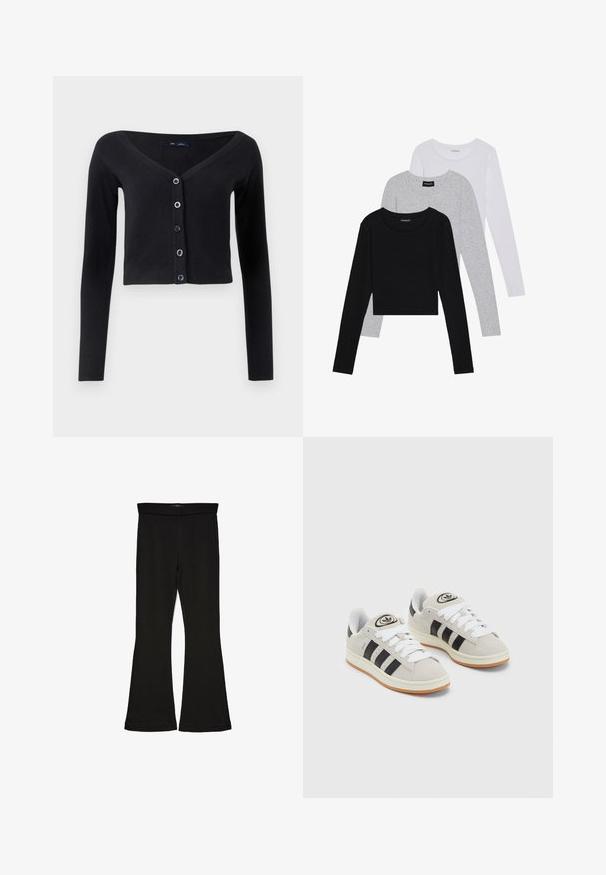 Schwarze, kurz geschnittene Strickjacke aus weichem Material mit langen Ärmeln, V-Ausschnitt und sechs Knopfverschlüssen mit blauen Knöpfen.; Drei langärmelige Oberteile gestapelt: schwarz, grau und weiß. Jedes hat einen runden Halsausschnitt und ein kurzes Design aus glattem, leichtem Stoff.; Schwarze Schlagleggings aus dehnbarem Stoff. Sie verfügen über einen breiten Bund und eine glatte Textur, mit einer enganliegenden Silhouette, die am Saum ausgestellt ist.; Graue Wildledersneaker mit weißen Schnürsenkeln, schwarzen Streifen und einer weißen Gummisohle. Merkmale sind ein kreisförmiges Logo auf der Zunge und eine Gummisohle.