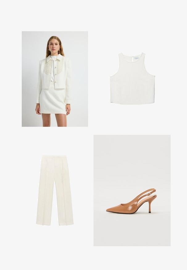 Lyhyt valkoinen bouclé-takki, jossa on helmikoristeltu kaulus, napitettu etuosa ja rakenteelliset hartiat, yhdistettynä vastaavaan hameeseen.; Valkoinen hihaton paita, jossa on pyöreä pääntie, hienovarainen tekstuuri, avaustakki ja suora helma.; Valkoiset leveälahkeiset housut vaaleassa kermassa. Valmistettu sileästä kankaasta, jossa on laskokset edessä ja sivutaskut.; Korkokenkä, jossa on terävä kärki ja avonainen kanna, valmistettu sileästä, kiiltävästä ruskeasta materiaalista. Sisältää kaarevan leikkuun muotoilun ja hoikan stilettokannan. Hopeinen solkiyksityiskohta.