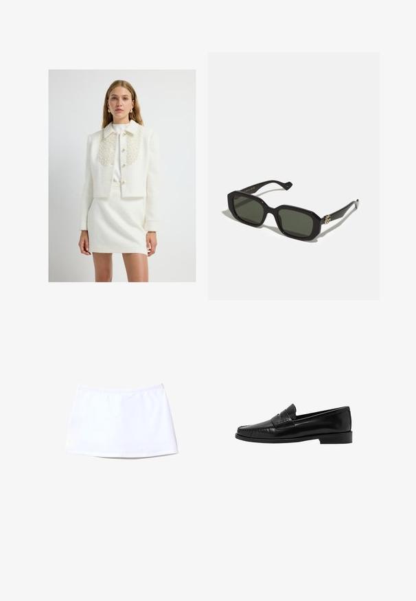 Kürzeste weiße Bouclé-Jacke mit einem kragen, der mit Perlen verziert ist, mit einer Knopfleiste vorne und strukturierten Schultern, kombiniert mit einem passenden Rock.; Ein schlichtes, weißes T-Shirt aus Baumwolle mit rundem Halsausschnitt, kurzen Ärmeln und lockerer Passform. Glatte Textur ohne Muster oder Akzente.; Weißer Rock aus glattem Stoff, mit einem elastischen Bund und geradem Schnitt. Einfaches Design ohne sichtbare Muster oder Akzente.; Mango Slipper - black; Schwarze rechteckige Sonnenbrille mit einfarbigen grünen Gläsern, featuring einer glänzenden Oberfläche und einem goldenen Logo-Akzent an der Seite.; Schwarze Tragetasche mit kurzen Griffen und einem abnehmbaren Schultergurt. Verfügt über einen strukturierten Stoff und vertikale Branding-Details. Die Größe ist kompakt.