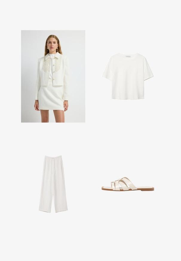 Veste blanche en bouclé coupée avec un col orné de perles, dotée d'une fermeture à boutons et d'épaules structurées, assortie d'une jupe coordonnée.; T-shirt blanc à manches courtes en coton. Doté d'un col ras du cou et d'une coupe décontractée. Texture lisse sans motifs ni accents visibles.; Pantalons larges blancs en tissu léger. Dotés d'une taille élastique avec cordon de serrage et de poches latérales. Texture lisse.; Sandales plates avec une semelle en caoutchouc beige, conçues avec trois brides en cuir blanc se chevauchant et un petit nœud au centre.