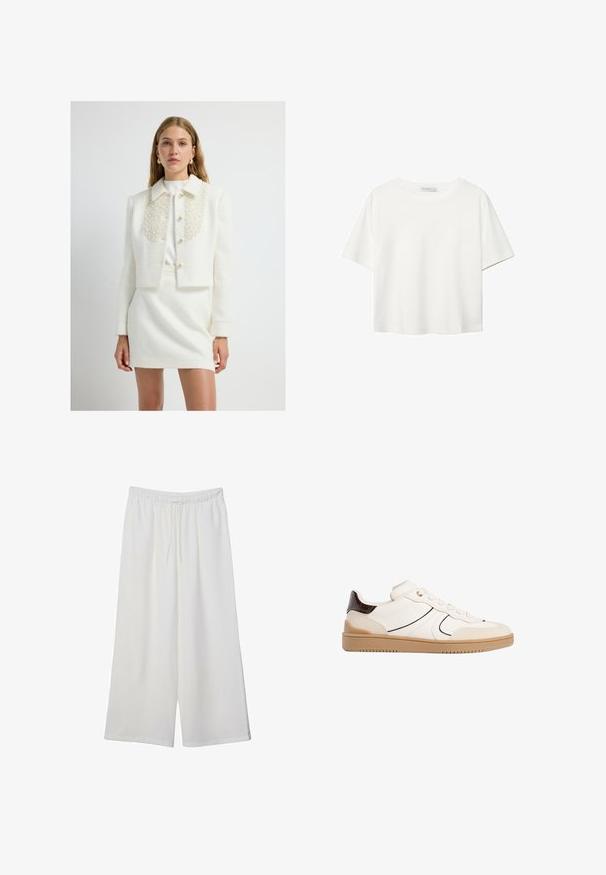 Afskåret hvid boucle-jakke med perlebesat krave, der har knaplukning foran og strukturerede skuldre, matchet med en tilhørende nederdel.; Hvid kortærmet t-shirt lavet af bomuld. Har en rund halsudskæring og en afslappet pasform. Glat tekstur uden synlige mønstre eller detaljer.; Hvide vidde bukser lavet af letvægtsstof, med en elastisk talje og snøre for justerbar pasform. Glat tekstur.; Stradivarius Sneakers - white