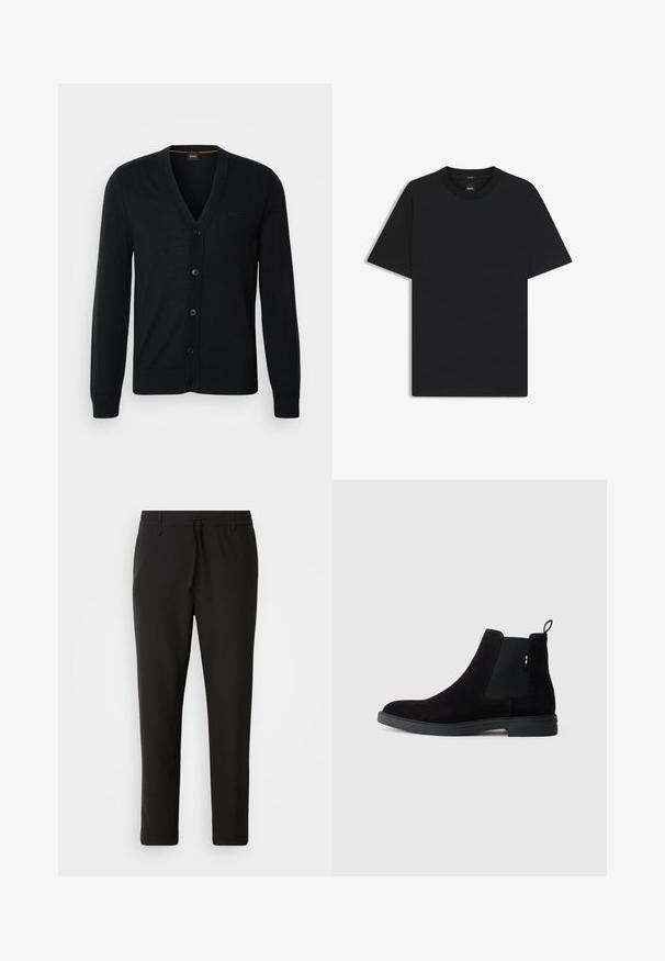 Schwarze gestrickte Strickjacke mit V-Ausschnitt, Knopfverschluss sowie gerippten Bündchen und Saum. Dezentes Logo-Detail auf der Brust.; Schwarz T-Shirt mit kurzen Ärmeln aus einem glatten Baumwollmix, mit Rundhalsausschnitt und einem minimalistischen Design ohne Muster oder Akzente.; Schwarze Jogginghose aus glattem Stoff. Mit einem elastischen Bund und Kordelzug, schmal zulaufenden Beinen und ohne sichtbare Taschen. Einfaches Design.; Schwarze Wildleder Chelsea-Boots mit elastischen seitlichen Einsätzen, runder Spitze und einer niedrigen Gummisohle. Mit einem Zugtab an der Rückseite für einfaches Anziehen.