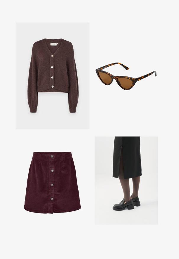 MSCH Copenhagen HOPE CARDIGAN - Adīta jaka - raisin; Garā piedurkņu turtlenecks krekls, kas izgatavots no tumši brūnas auduma. Iezīmēts ar pieguļošu dizainu un gludu tekstūru, bez redzamām rakstu vai detaļām.; Burgundijas krāsas korduroja minī svārki ar A formas siluetu, ar pieciem sudraba pogām priekšā un smalku ribotu tekstūru.; Melni ādas apavi ar noapaļotu purngalu, biezām bloku papēžiem un elastīgiem sānu akcentiem, apvienoti ar tumšām zeķubiksēm un melnu svārku ar šķirbu.; Kaķa acs saulesbrilles ar melnu un oranžu bruņurupuču rakstu rāmi, brūnām lēcām un elegantiem, norādītiem galiem. Rāmī ir minimālists logos uz tempļa.