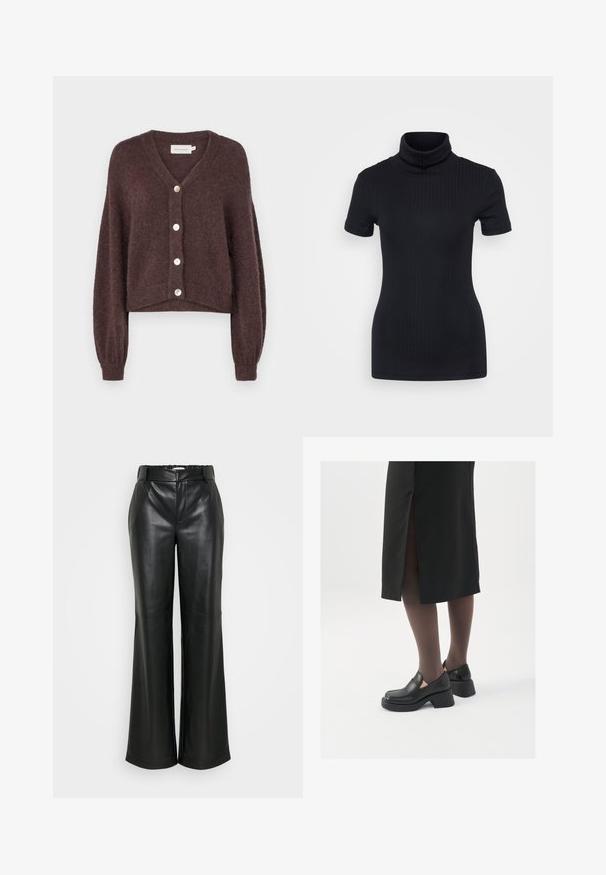MSCH Copenhagen - Kardigan; Czarny, prążkowany top z golfem, krótki rękaw, dopasowany krój, miękka faktura, minimalne szwy i wysoki kołnierz.; ONLY Tall ONLSMOOTH WIDE czarny; Czarne skórzane buty z okrągłym noskiem, grubym blokowym obcasem i elastycznymi akcentami po bokach, zestawione z ciemnymi rajstopami i czarną spódnicą z rozcięciem.