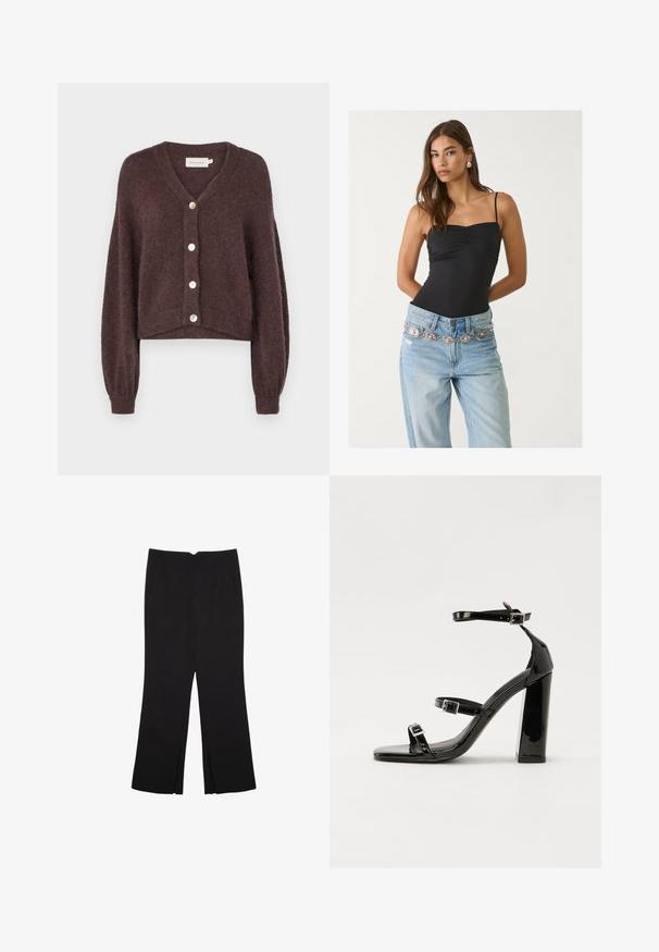 MSCH Copenhagen HOPE CARDIGAN - Kardigán - raisin; Čierny priliehavý body s štvorcovým výstrihom, v kombinácii so svetlomodrými džínsami, ktoré majú dekoračný strieborný a ružový opasok.; Čierne nohavice so strihom rovného strihu, s prednými vreckami a bočnými rozparkami na leme. Vyrobené z mäkkej, hladkej tkaniny. Vhodné na rôzne príležitosti.; Čierne lakované sandále na podpätku so štvorcovou špičkou, navlečenými remienkami okolo členku a striebornými prackami. Disponujú masívnym blokovým podpätkom pre stabilitu.