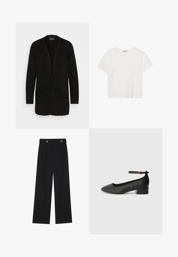 Mos Mosh LONG CARDIGAN - Kardiganas - black; Balta trumpa rankovė T-marškiniai, pagaminti iš minkštos medvilnės. Charakterizuojami apvali kaklo iškirpte ir laisvu siluetu. Švarus dizainas be matomų raštų ar akcentų.; Juodi plačios kojos kelnės su aukštu liemeniu, sagų detalėmis ant liemens ir priekinėmis raukšlėmis.; Juodas odinis aukštakulnis batelis su smailiu pirštu ir žemu bloku. Su kulkšnies dirželiu su auksinės spalvos sagtimi. Lygus paviršius.