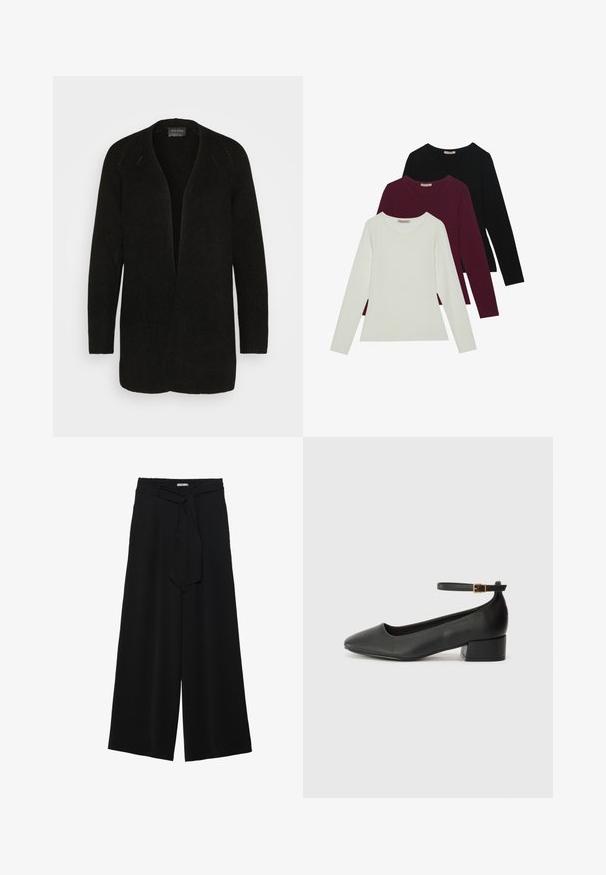 Mos Mosh LONG CARDIGAN - Adīta jaka - black; Garās piedurknes T-krekli baltā, bordo un melnā krāsā. Izgatavoti no mīkstas auduma ar apaļu kakla izgriezumu un pieguļošu dizainu. Piemēroti kā slāņošana.; Melni platleņķa bikses ar teksturētu audumu, elastīgu jostu un noņemamu siksnu viduklī, kas nodrošina regulējamu piegulšanu.; Melnas ādas sūkņi ar smailu purngalu un zemu bloku papēdi. Iezīmēts ar potītes siksniņu ar zelta krāsas sprādzi. Gluda tekstūra.