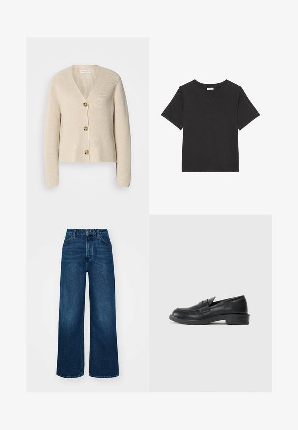 Bézs, bordás kardigán V nyakkal, három nagy arany gombbal elöl, és hosszú ujjakkal. Puha textúra és rövidített fazon.; Fekete póló, puha anyagból készült, kerek nyakkivágással és rövid ujjakkal. A dizájn egyszerű, nem tartalmaz látható mintákat vagy díszítéseket.; Magas derekú, széles szárú farmernadrág sötétkék denimből, sima tapintással, kontrasztos varrással és öt zsebes kialakítással. Elöl gombos záródás.; Fekete bőr loaferek kerek orral, varrott részletekkel és kis sarkal. Sima textúrájúak és rugalmas gumitalppal rendelkeznek.