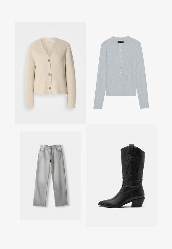Cardigan beige à côtes avec un col en V, trois grands boutons dorés à l'avant et des manches longues. Texture douce et design court.; Cardigan long à manches longues gris clair avec un col rond, présentant une patte de boutonnage à cinq boutons ronds et brillants, et un design ajusté.; Jean en denim gris clair avec une coupe droite, dotée de deux poches avant, d'un bouton de fermeture et d'un léger délavage pour la texture.; Bottes de cowboy en cuir noir avec un bout pointu, des motifs en relief en spirale et un talon de hauteur moyenne. Équipées d'une languette pour un enfilage facile.