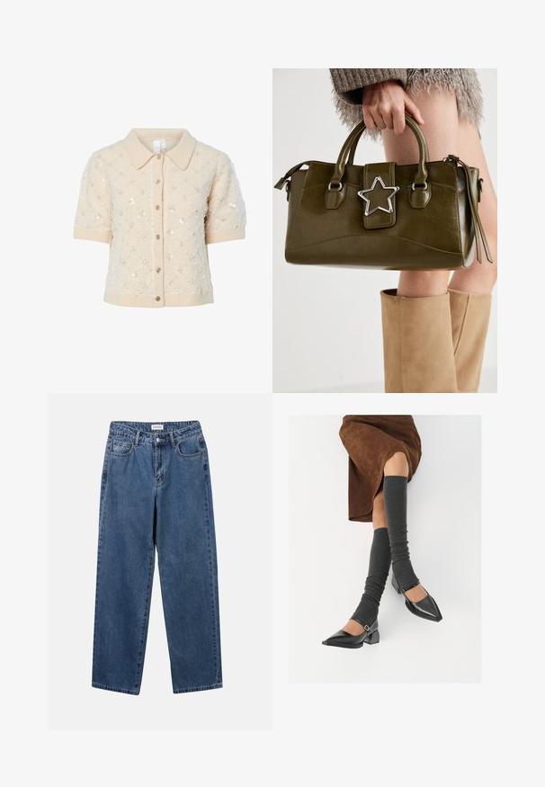 Cardigan bej tricotat cu mâneci scurte, decolteu cu guler, paiete decorative și nasturi în față. Detalii cu manșete și tiv striat.; Cămașă albă cu nasturi, confecționată din bumbac neted, având un guler clasic, mâneci lungi și un tiv curbat. Nasturii sunt mici și albi.; Jeans clasice din denim albastru, cu un design drept, cinci buzunare și închidere cu nasture. Prezentând o spălare medie și o textură rezistentă.; Pantofi negri din piele lacuită, cu vârful ascuțit, toc bloc și curea la glezna, asortați cu jambiere gri cu nervuri și o fustă din suede maro.; Geantă din piele ecologică de culoare verde măslin, cu accent din stea argintie, două mânere și închidere cu fermoar. Suprafață texturată și formă structurată.